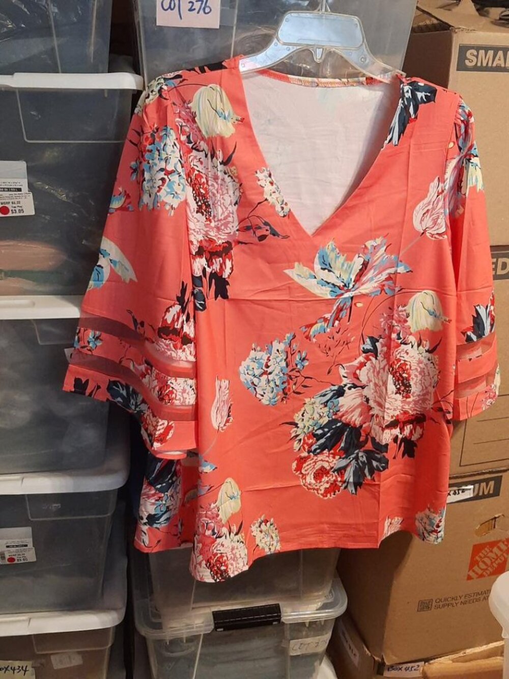 NEW ! Women V Neck Mesh Panel Blouse 3/4 Bell Sleeve Loose Top Shirt Size XL